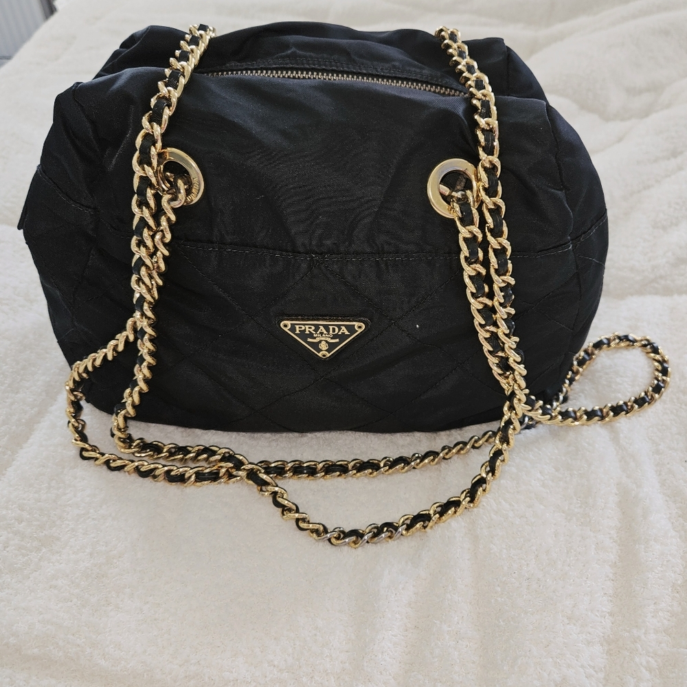 Prada Black Quilted Shoulder Bag with Gold Chain Trim